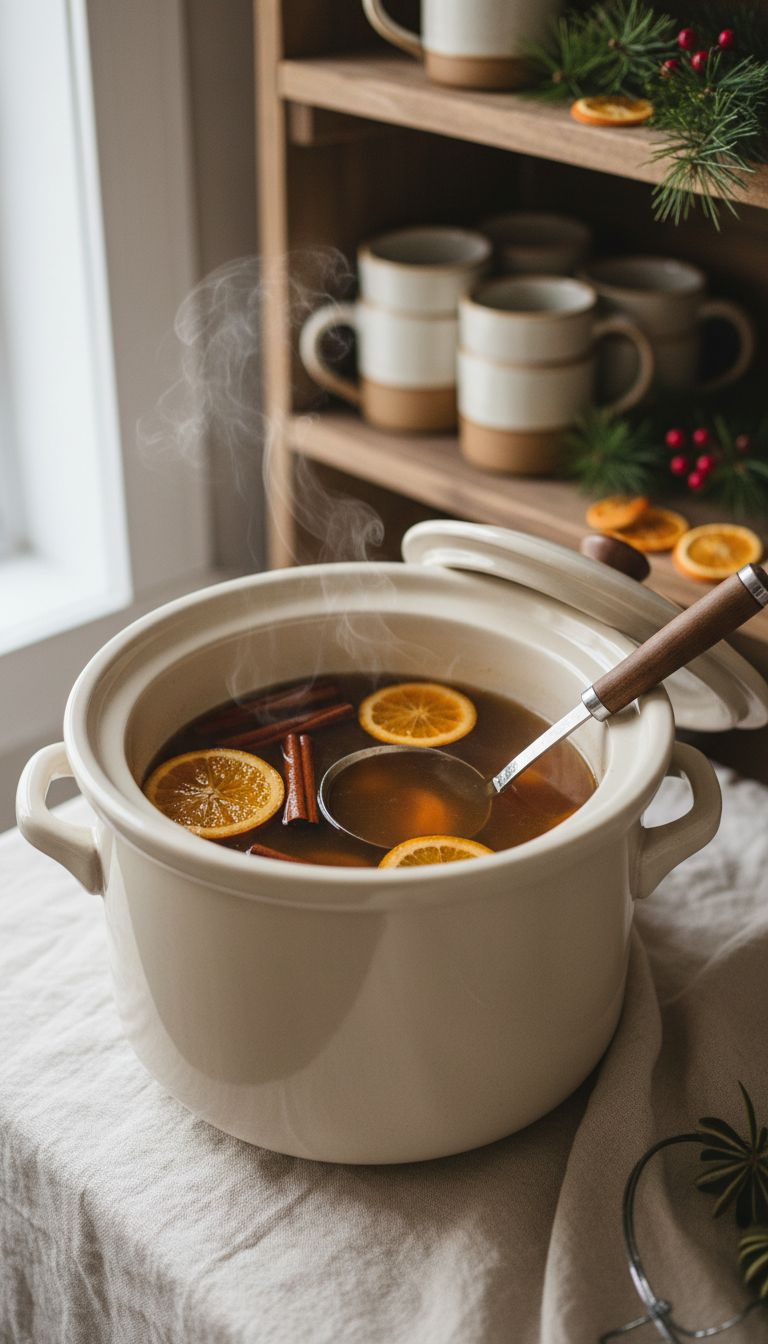 Wassail Simmering In A Slow Cooker On A Holiday Buffet Table, Garnished With Orange Slices And Cinnamon Sticks.
