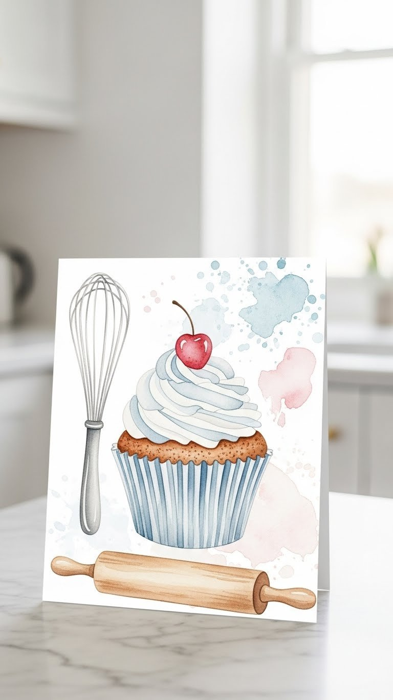Watercolor Baking Clipart Featuring Hand-Painted Cupcakes, Whisks, And Rolling Pins With Soft Blues And Dusty Rose Colors On Marble Countertop