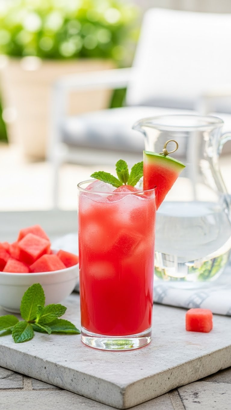 Watermelon Red Bull Mocktail With Fresh Watermelon Wedge And Mint Sprig On Light Stone Patio Surface