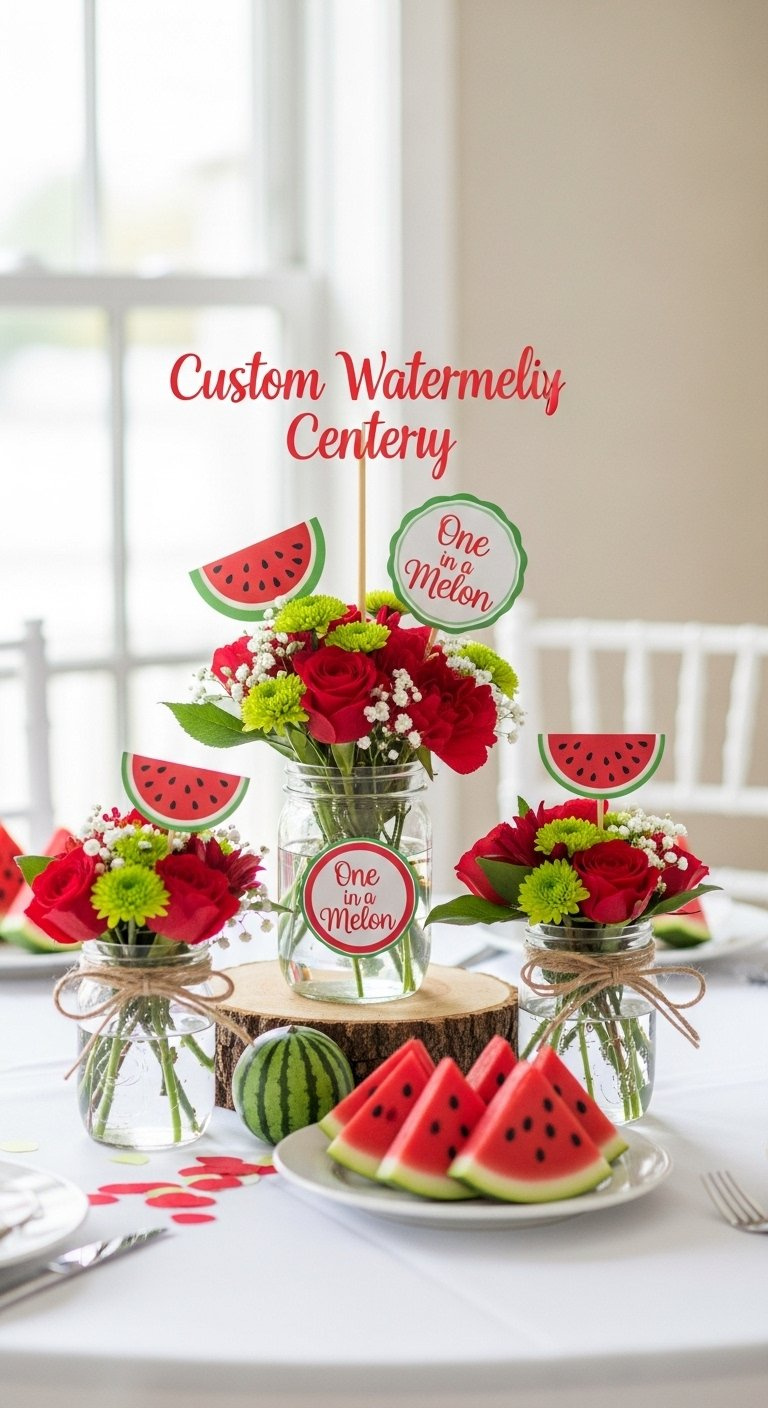 Watermelon Centerpieces Featuring Flowers And Fruit On A White Party Table.