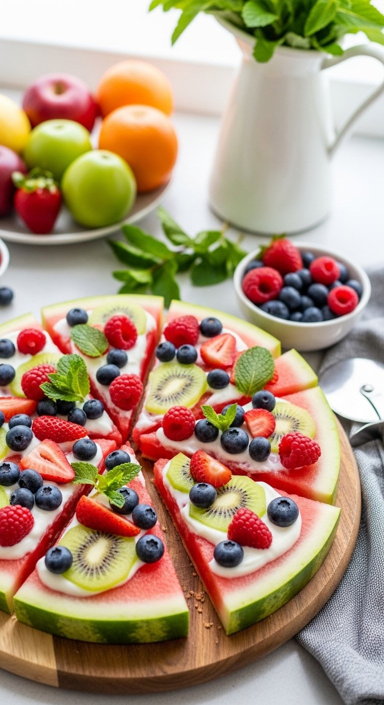 Watermelon Fruit Pizza Slice Topped With Yogurt Glaze And Mixed Berries On A Wooden Serving Board.