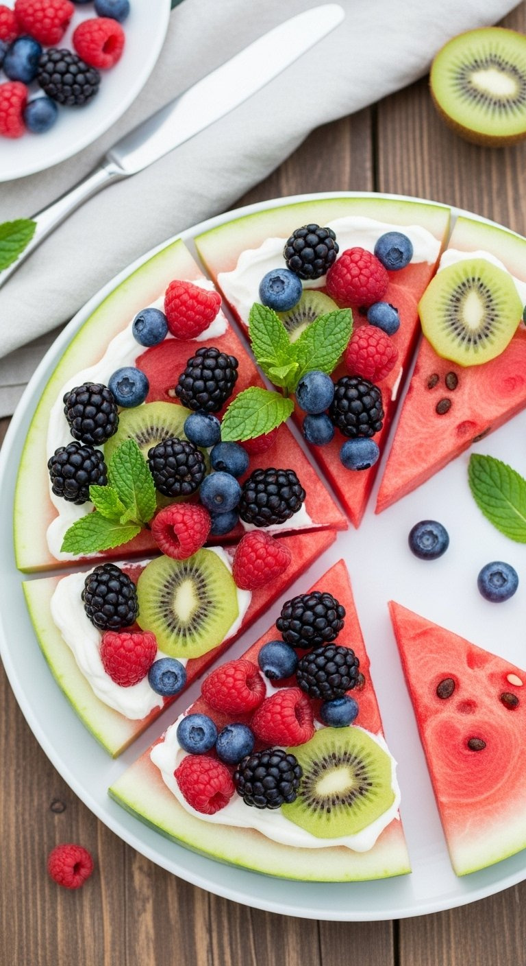 Watermelon Fruit Pizza Topped With Fresh Berries, Kiwi, And Mint On A Wooden Table.