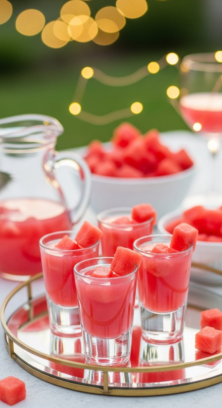 Watermelon Infused Vodka Shots With Fresh Watermelon Cubes On A Stylish Mirrored Tray.
