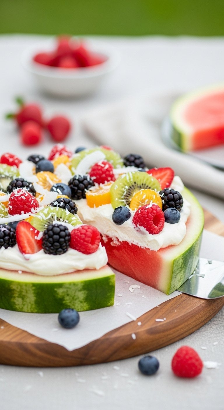 Watermelon Pizza Slice Topped With Cream Cheese Frosting, Fresh Berries, Kiwi, And Shredded Coconut.