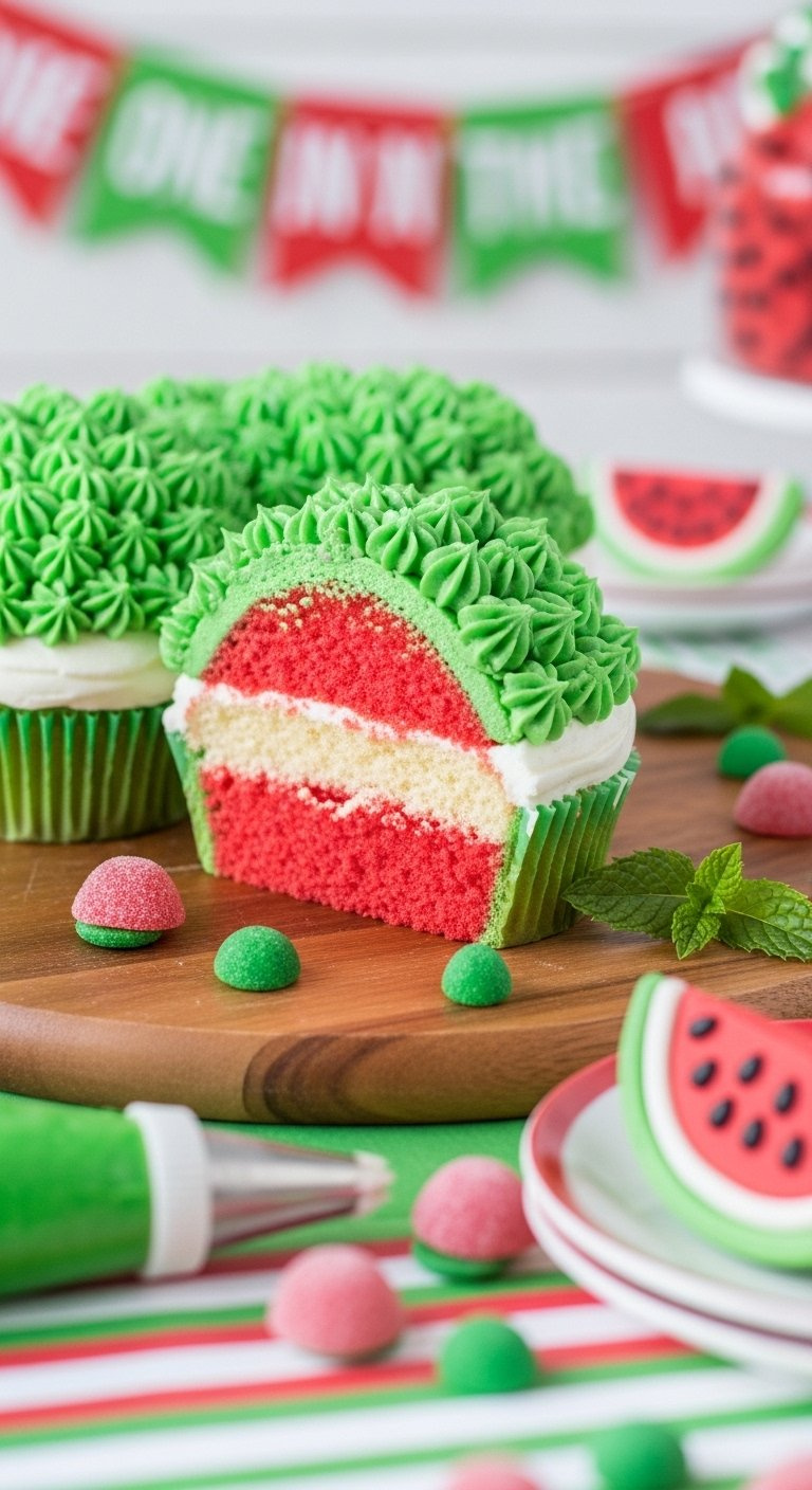 Watermelon Pull-Apart Cake With Vibrant Green Buttercream Rind On A Wooden Serving Board.