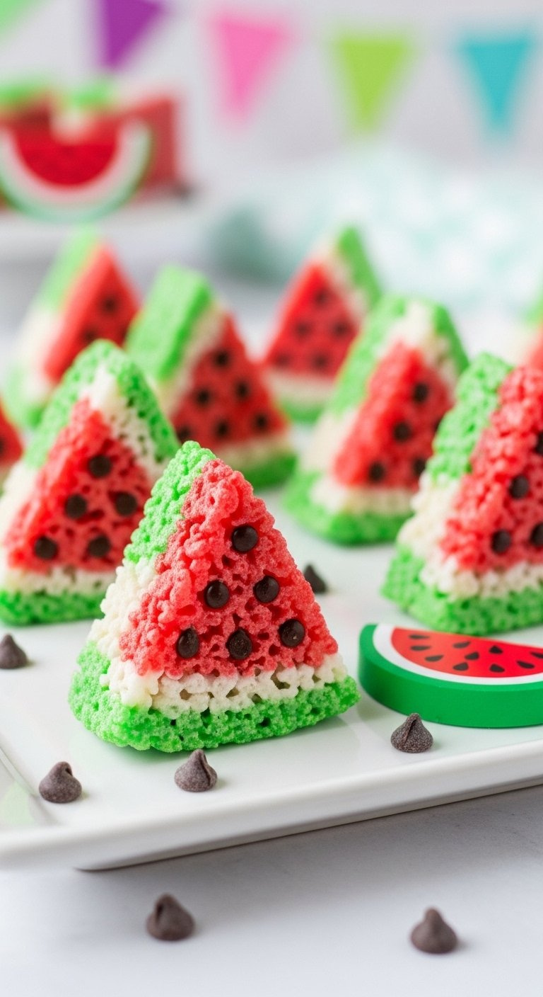 Watermelon Rice Krispie Treats Decorated With Green Edges And Chocolate Chips On A Tray.