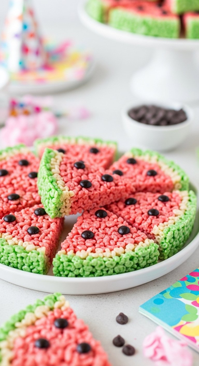 Watermelon Shaped Rice Krispie Treats With Chocolate Chips On A White Plate At A Party Table.