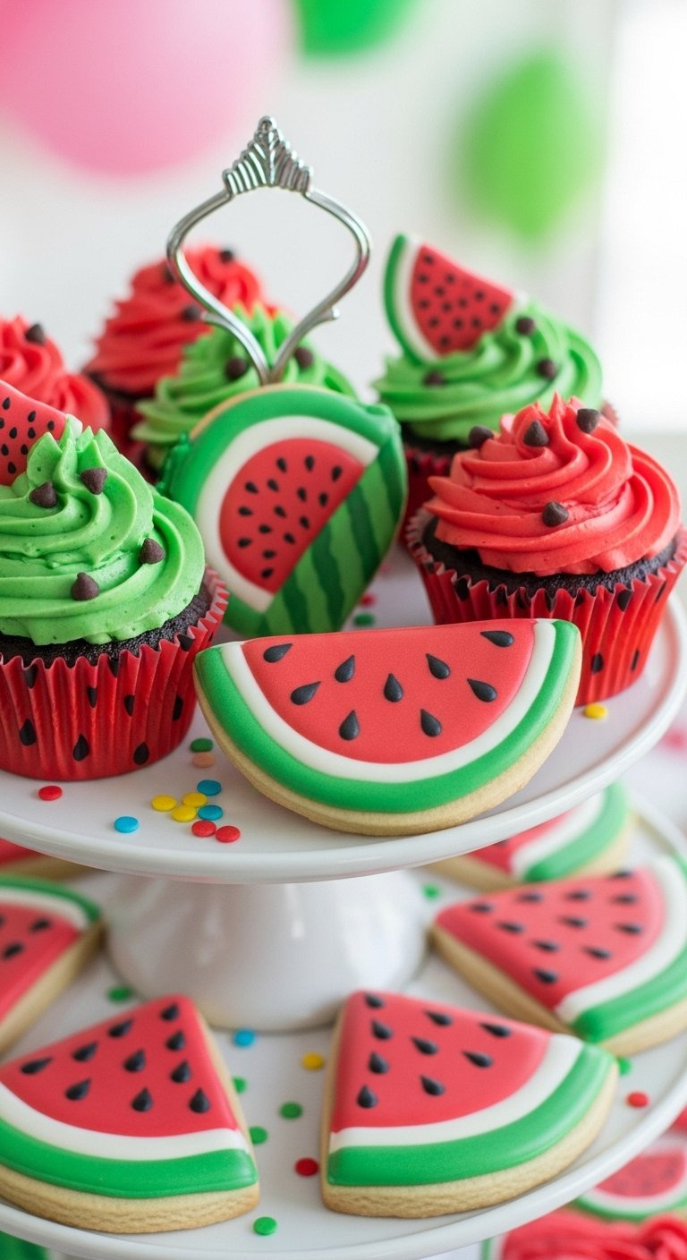 Watermelon Themed Cupcakes And Cookies Arranged On A Tiered Dessert Stand.