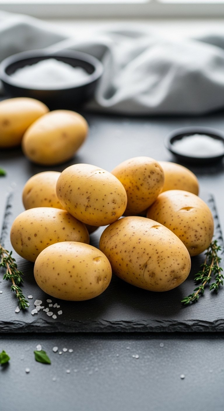 Waxy Yukon Gold Potatoes Next To Starchy Russet Potatoes On A Dark Slate Surface With Herbs And Salt.
