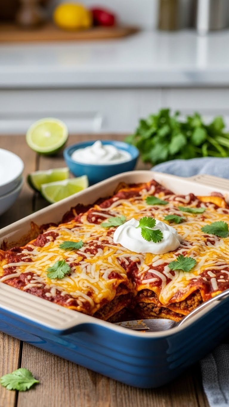 Weeknight Ground Beef Enchilada Casserole With Corn Tortillas, Red Sauce, And Melted Mexican Cheese