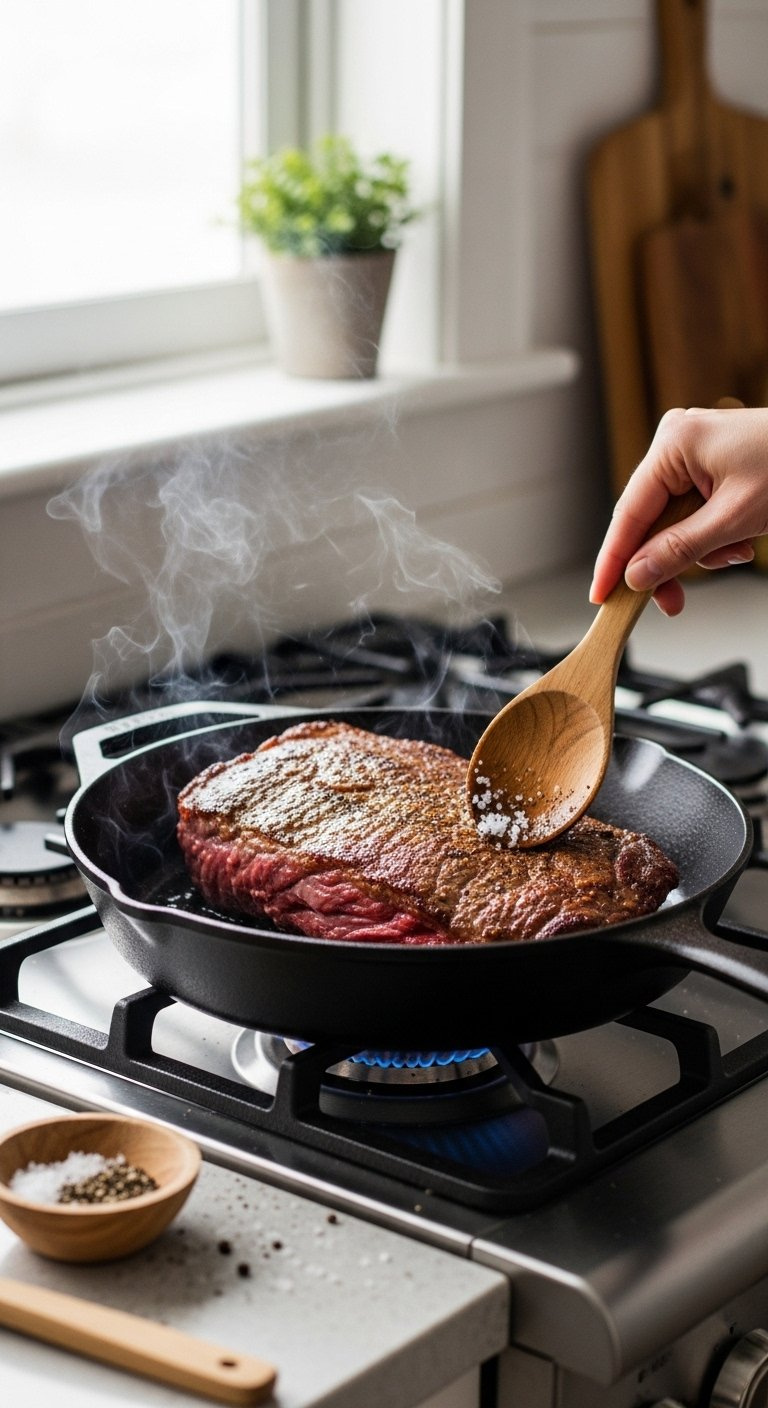 Well-Marbled Raw Beef Brisket Searing In A Cast Iron Skillet With Salt And Pepper Nearby.