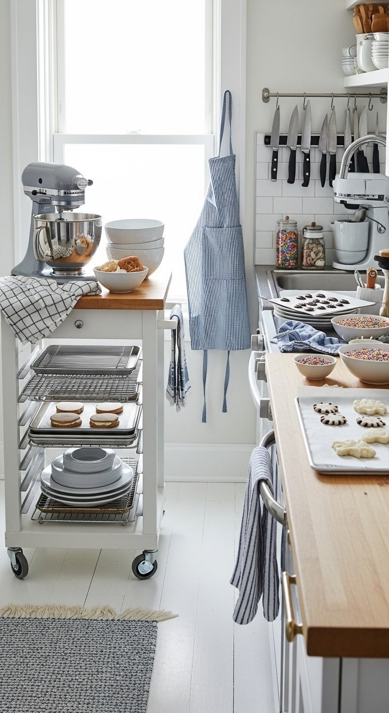 Well-Organized Small Kitchen Set Up For Party Baking With Zones For Mixing, A Utility Cart For Cooling, And Decorating.