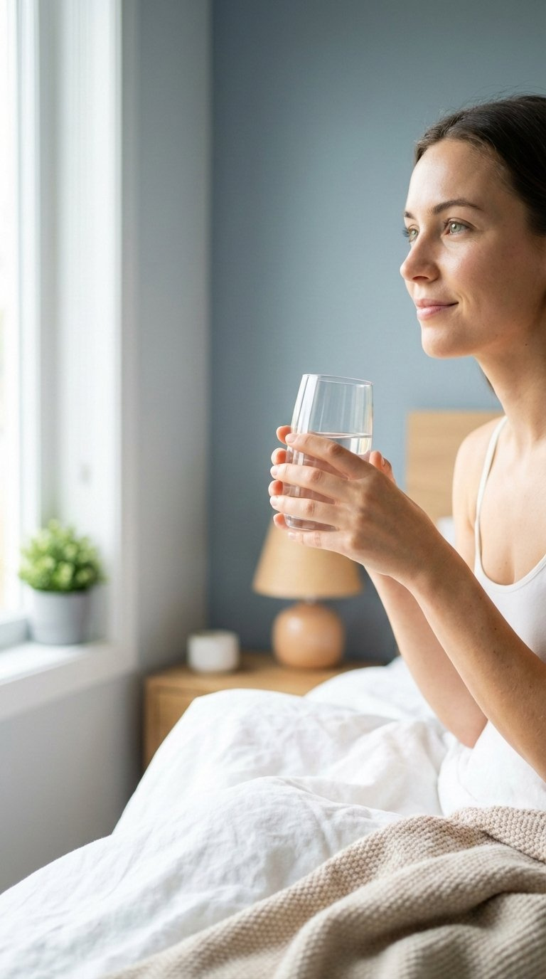 Well-Rested Person Drinking Water By Window With Bright Eyes Reflecting Hydration Benefits And Peaceful Bedroom Atmosphere