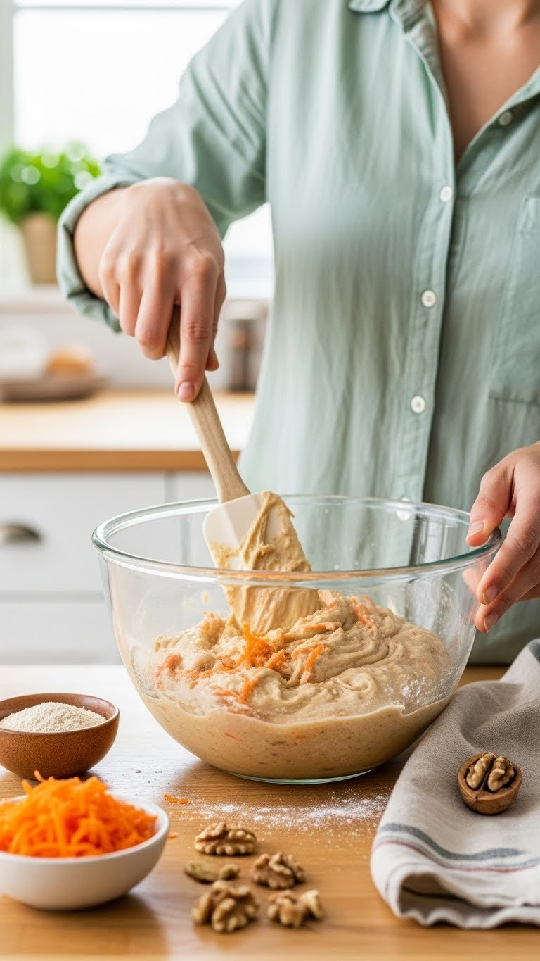 Wet And Dry Ingredients Being Folded Together In Mixing Bowl With Visible Spices And Shredded Carrots For Carrot Cake Batter
