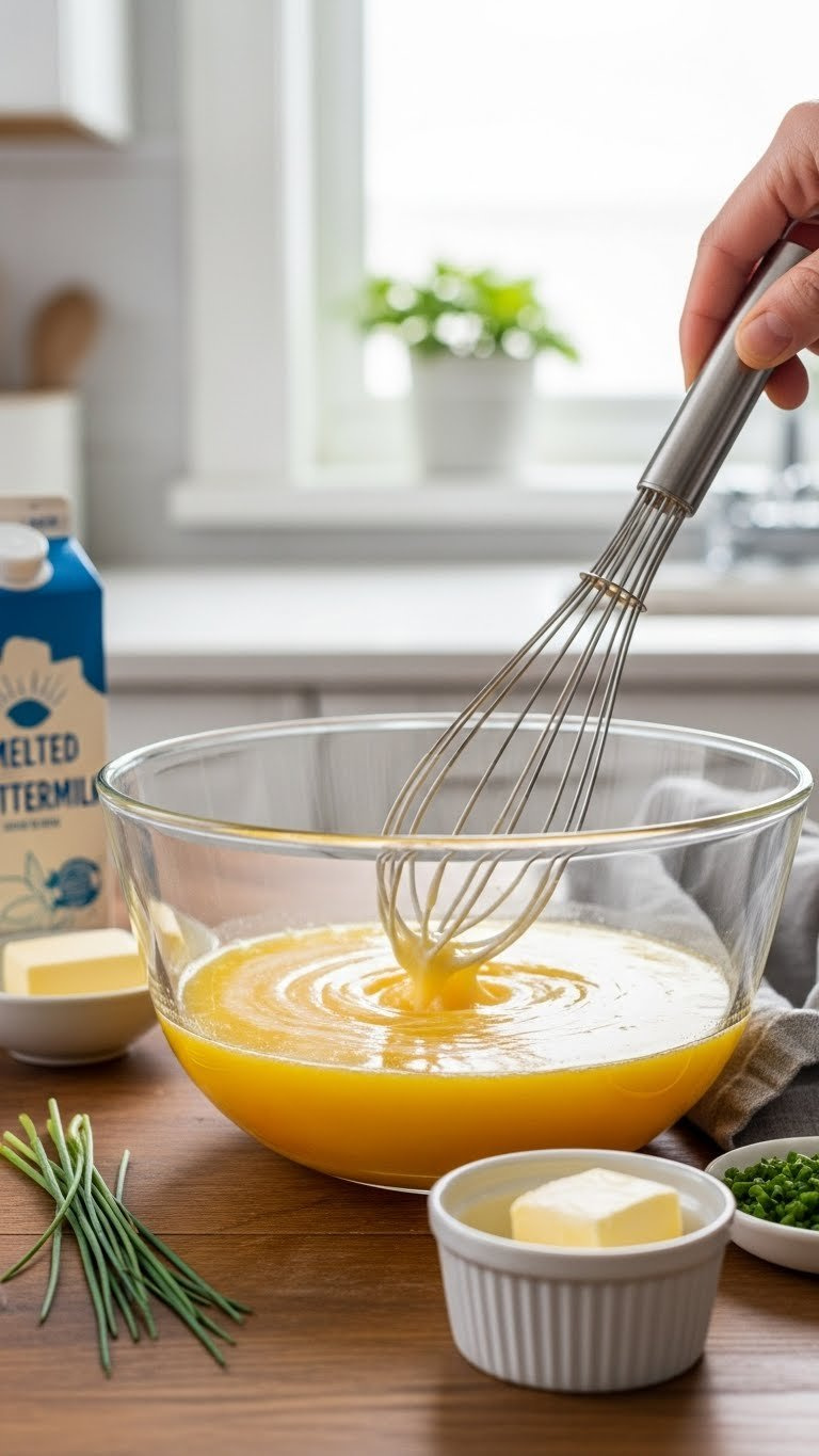 Wet Baking Ingredients Including Eggs, Melted Butter, And Buttermilk Being Whisked In A Glass Bowl