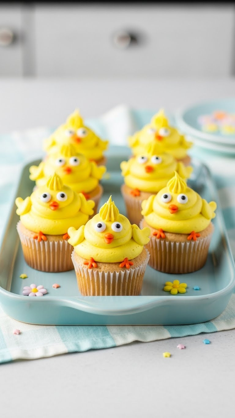 Whimsical Easter Chick Cupcakes With Yellow Buttercream, Candy Eyes, And Orange Candy Beaks On Light Blue Ceramic Tray
