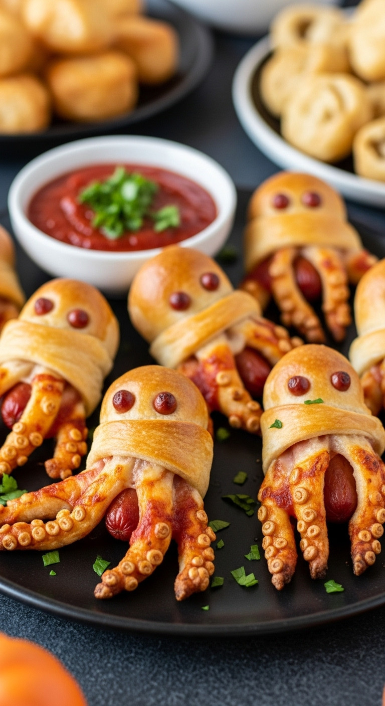 Whimsical Halloween 'Pizza Tentacles' With Hot Dogs And Golden Pizza Dough, Served With Marinara 'Blood' Dipping Sauce.
