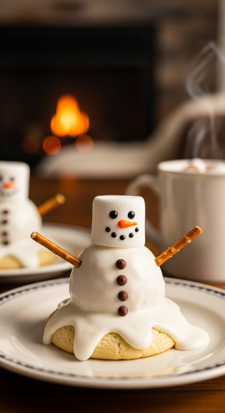 Whimsical Melted Snowman Cookie With White Icing Puddle, Marshmallow Head, Drawn Face, Chocolate Chips, Pretzel Arms. Cozy Holiday Dessert.