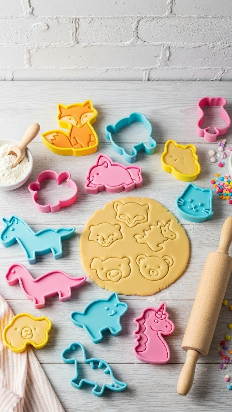 Whimsical Animal Cookie Cutters Scattered On Wooden Surface With Fresh Dough And Baking Accessories