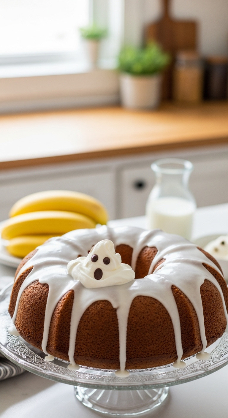 Whimsical Banana Spook Cake With Ghost Eyes, White Glaze, Whipped Cream, Ripe Bananas, And Milk In A Cozy Kitchen.