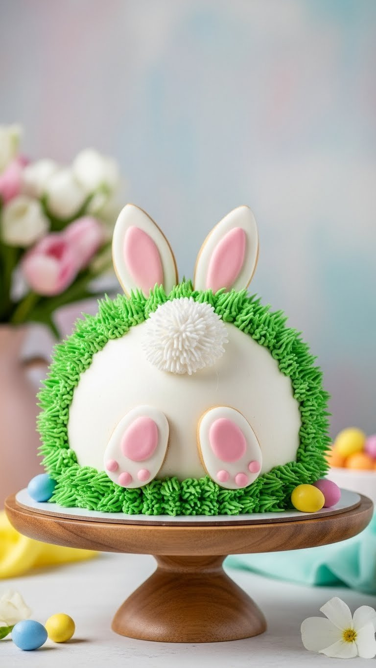 Whimsical Bunny Butt Cake With White Buttercream, Fondant Feet, And Piped Green Grass On Wooden Cake Stand