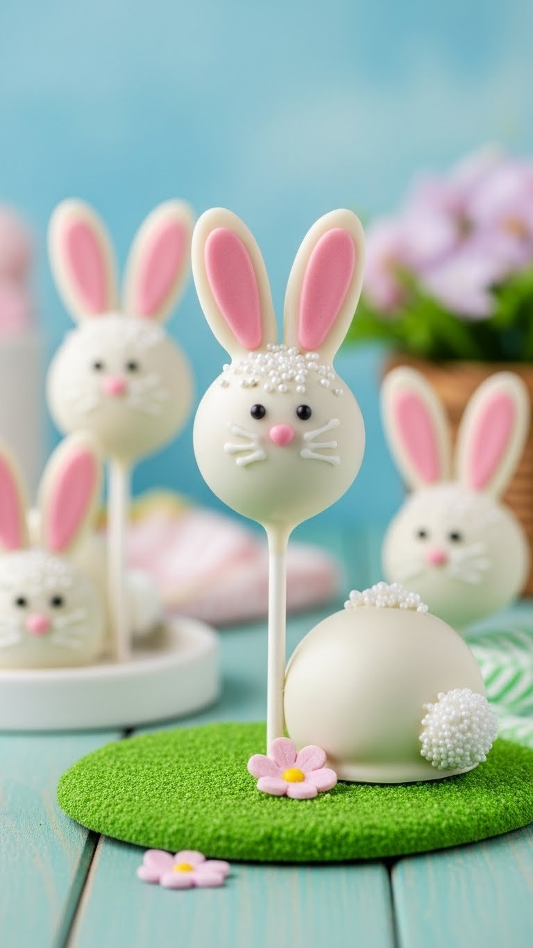 Whimsical Bunny Cake Pops Dipped In White Candy With Pink Sugar Ears On Vibrant Green Grass Display