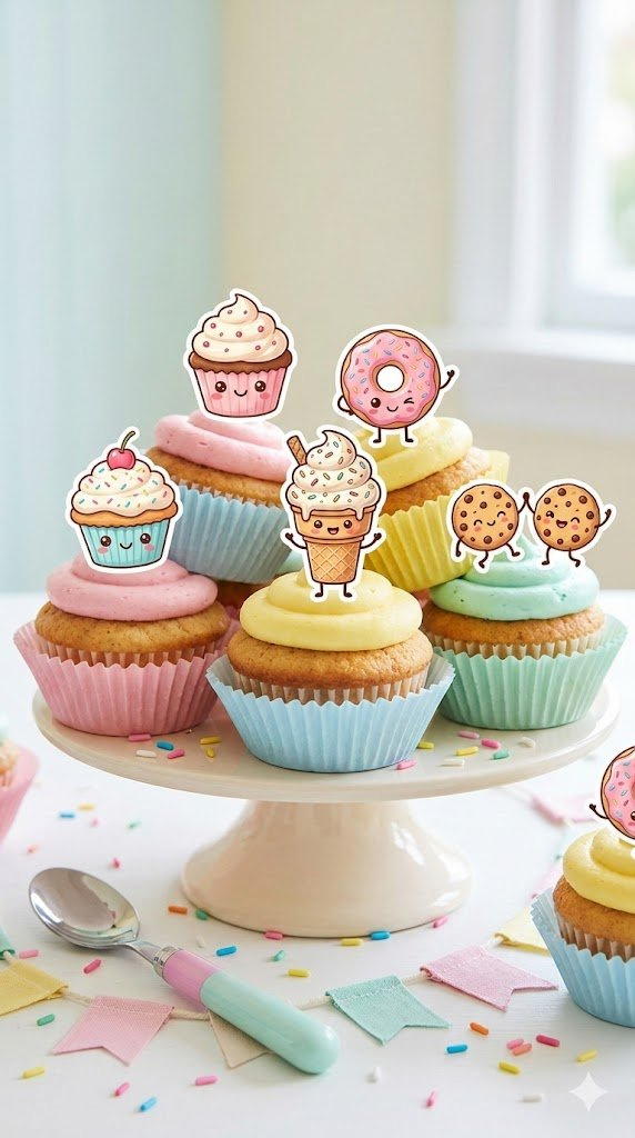 Whimsical Character Dessert Decals On Colorful Cupcakes With Sprinkles Displayed On Pastel Cake Stand Against Soft Wall.