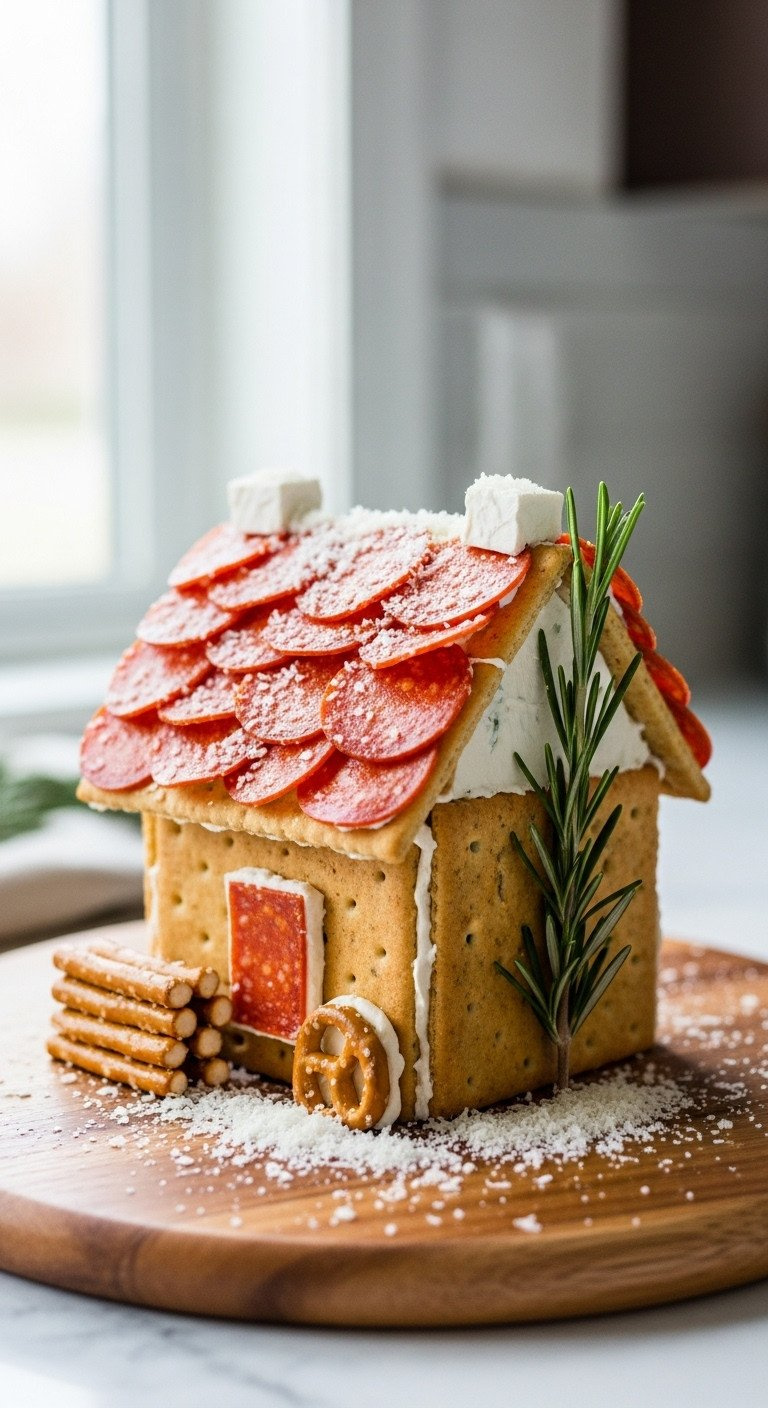 Whimsical Charcuterie Chalet Made Of Crackers, Cream Cheese, Pepperoni Roof, Pretzel Logs, And Rosemary Tree.