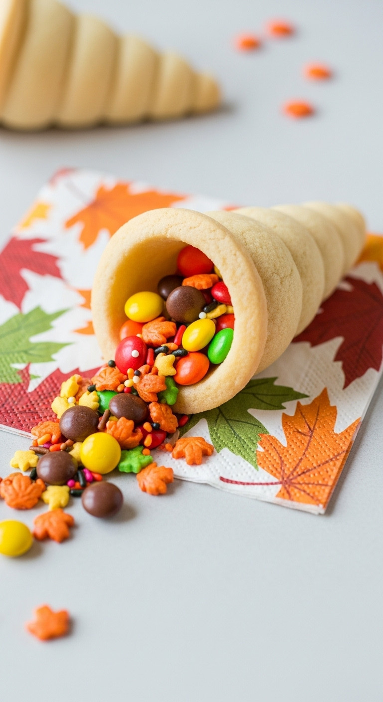 Whimsical Cornucopia Cookie Filled With Colorful Candies, Fall Sprinkles, On Thanksgiving Napkin. Kid-Friendly, Festive.