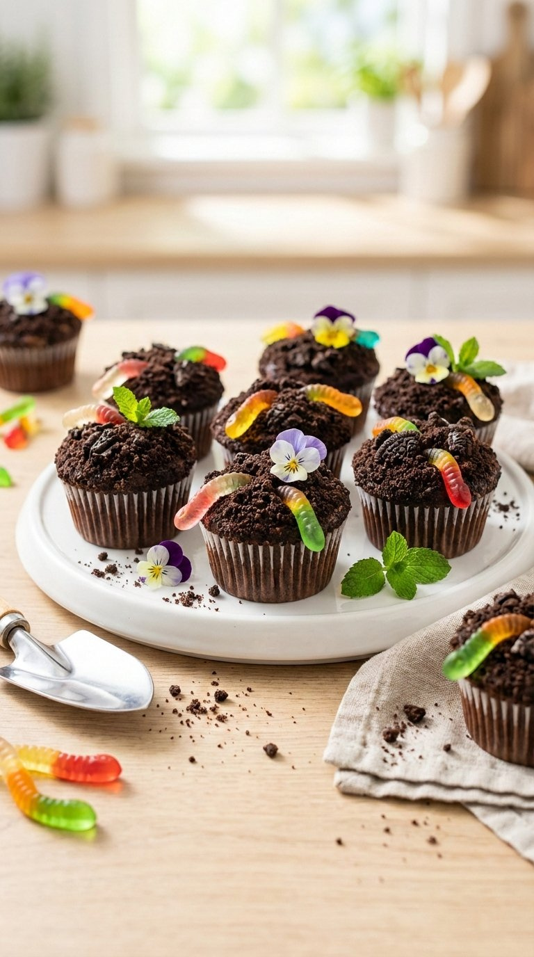 Whimsical Dirt Cupcakes With Chocolate Cookie Crumbs And Gummy Worms On White Platter