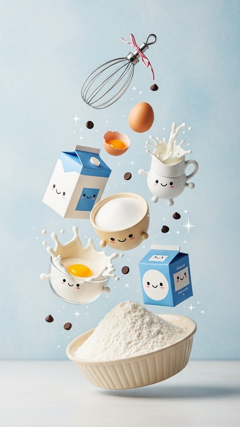 Whimsical Floating Baking Ingredients Including Flour, Sugar, Eggs And Chocolate Chips Suspended In Mid-Air