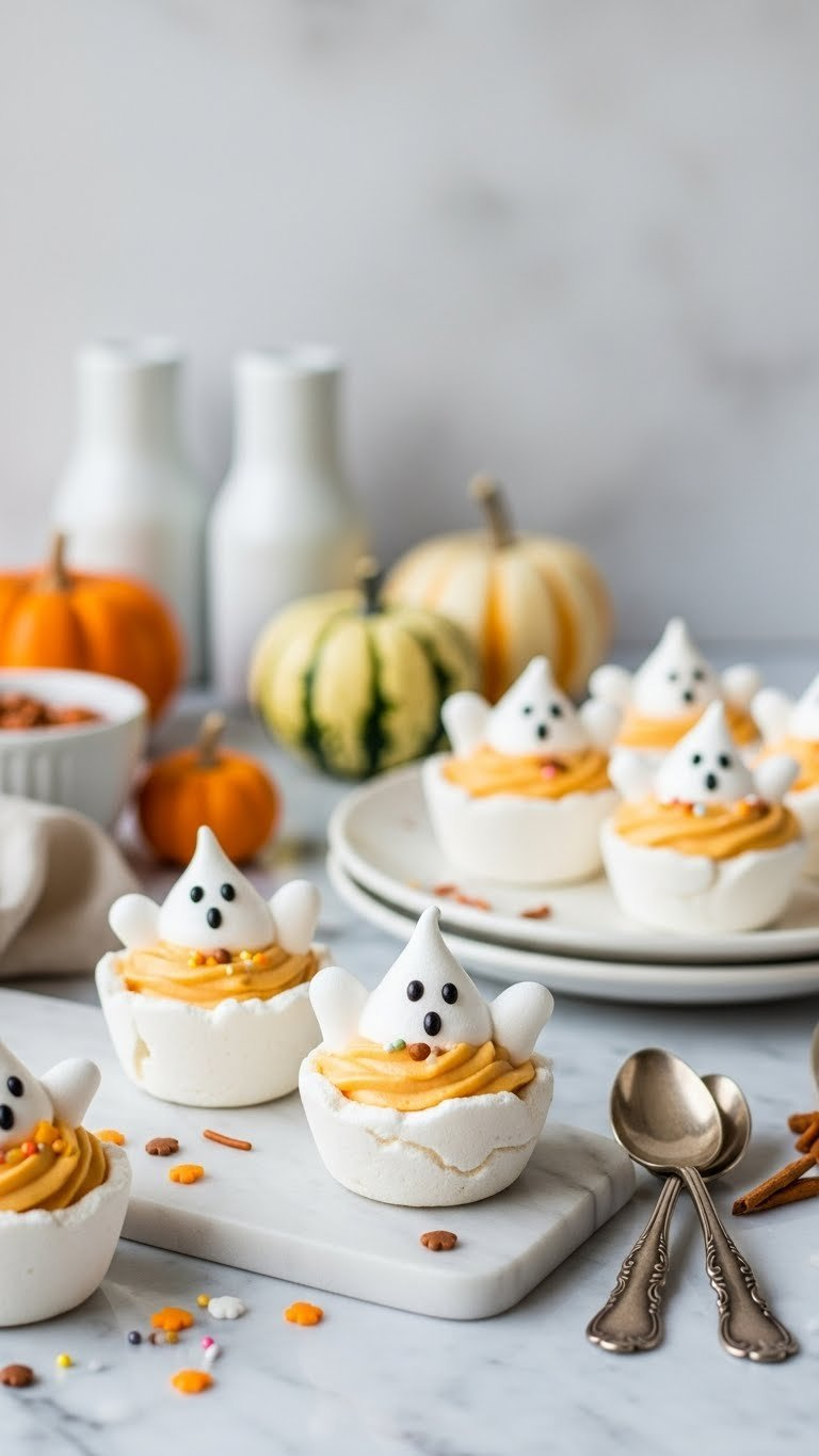 Whimsical Ghost Meringue Cups Filled With Pumpkin Mousse And Edible Eyes Arranged Elegantly On Marble Surface