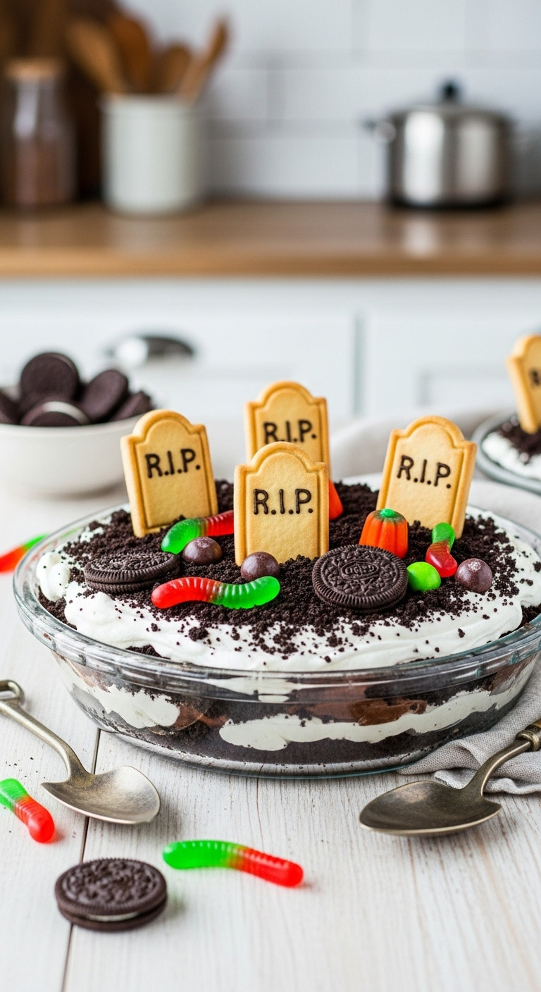 Whimsical Graveyard Dirt Pudding Pie With Oreo 'Dirt,' Tombstone Cookies, Gummy Worms, Candy Pumpkins, Glass Dish.