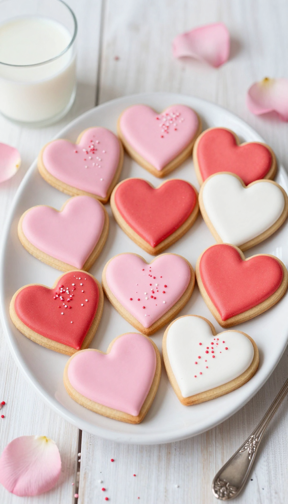 Whimsical Heart-Shaped Sugar Cookies Decorated With Pink, Red, And White Royal Icing On Vintage White Ceramic Platter With Milk Glass