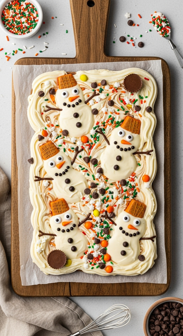 Whimsical Melted Snowman Chocolate Bark With White Chocolate, Peanut Butter Cup Hats, Candy Eyes, And Orange Noses On Rustic Wood. Festive Holiday Treat.