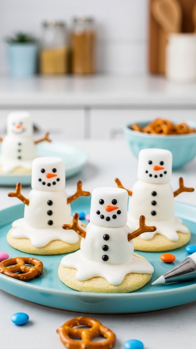 Whimsical Melted Snowman Cookies With Marshmallow Heads And Candy Details On Light Blue Ceramic Platter