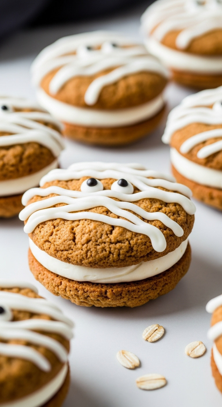 Whimsical Mummy Oatmeal Cream Pies With White Frosting &Quot;Bandages&Quot; And Candy Eyes. Perfect Fun Halloween Treat.