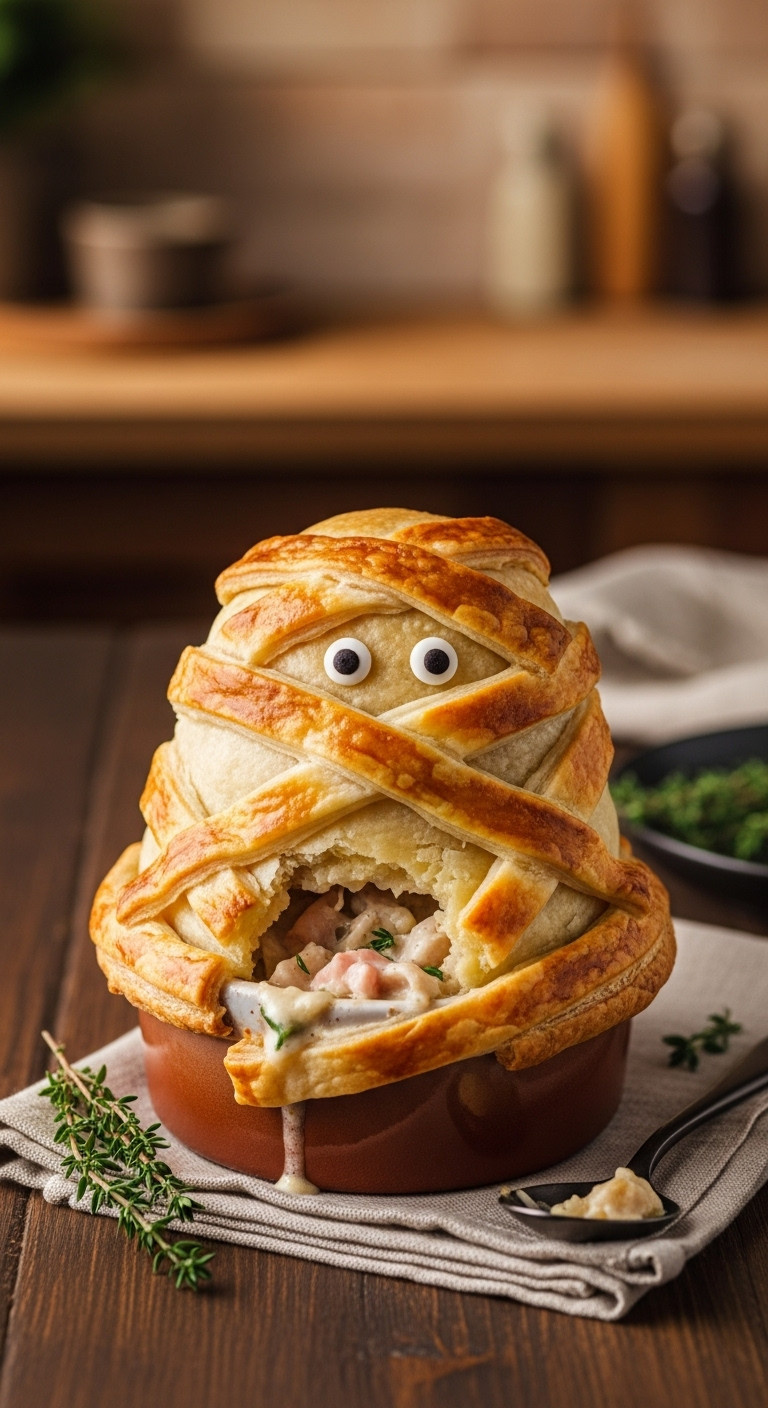 Whimsical Mummy Pot Pie With Pastry Bandages, Creamy Chicken Filling, Googly Eyes, Rustic Ramekin, Warm Kitchen.