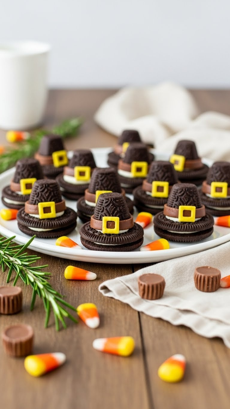 Whimsical No-Bake Pilgrim Hat Cookies Made From Chocolate Cookies And Peanut Butter Cups Arranged On Festive White Serving Platter