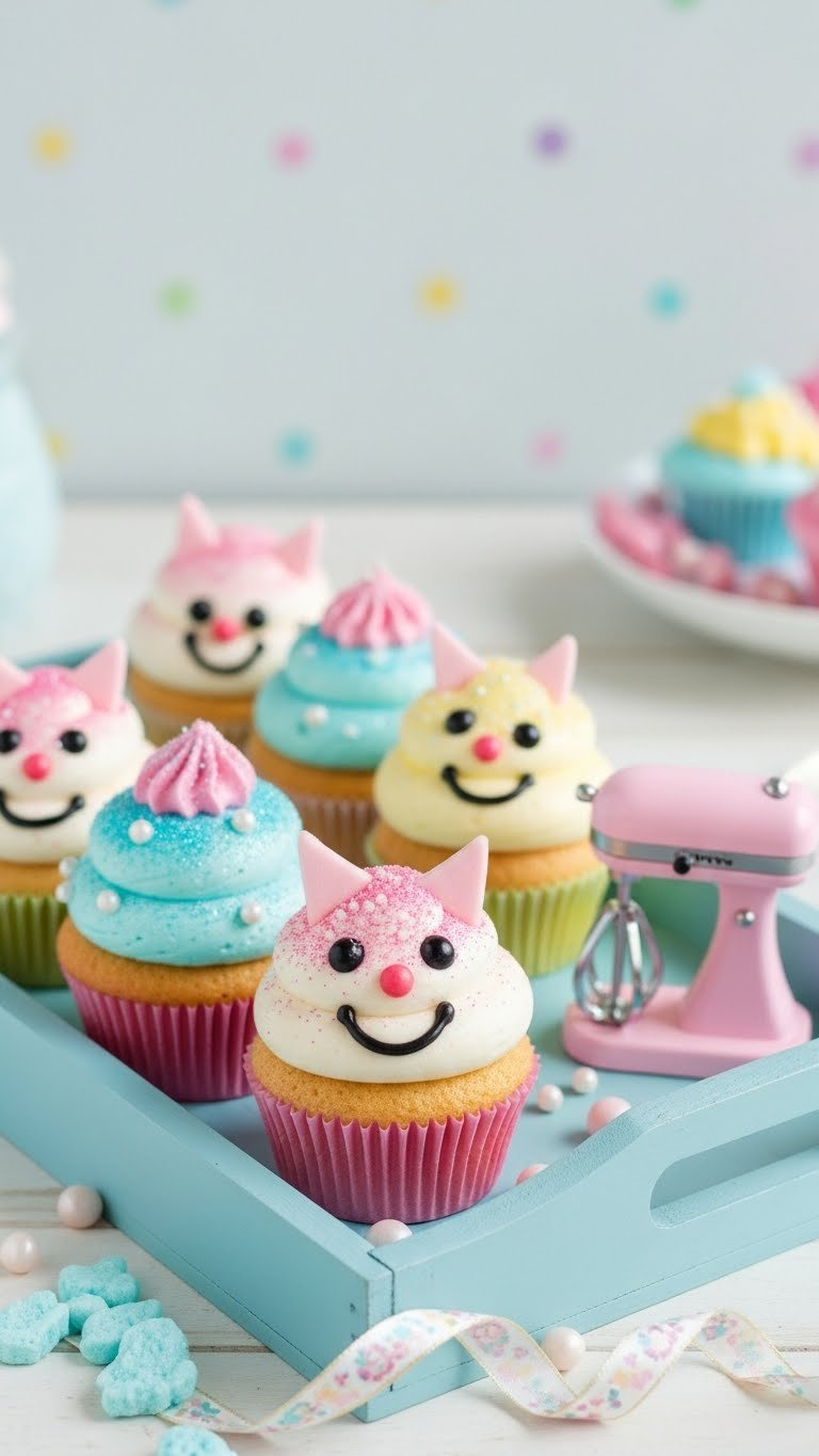 Whimsical Parade Of Elaborately Decorated Cupcakes With Unique Frosting Designs On Light Blue Display Tray
