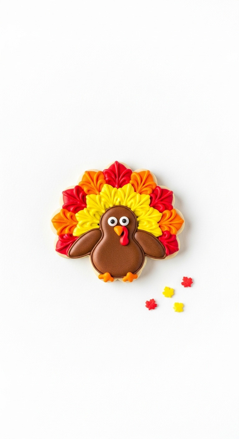 Whimsical Turkey-Shaped Sugar Cookie With Vibrant Fall Icing Feathers On White. Festive Thanksgiving Treat With Autumn Sprinkles.