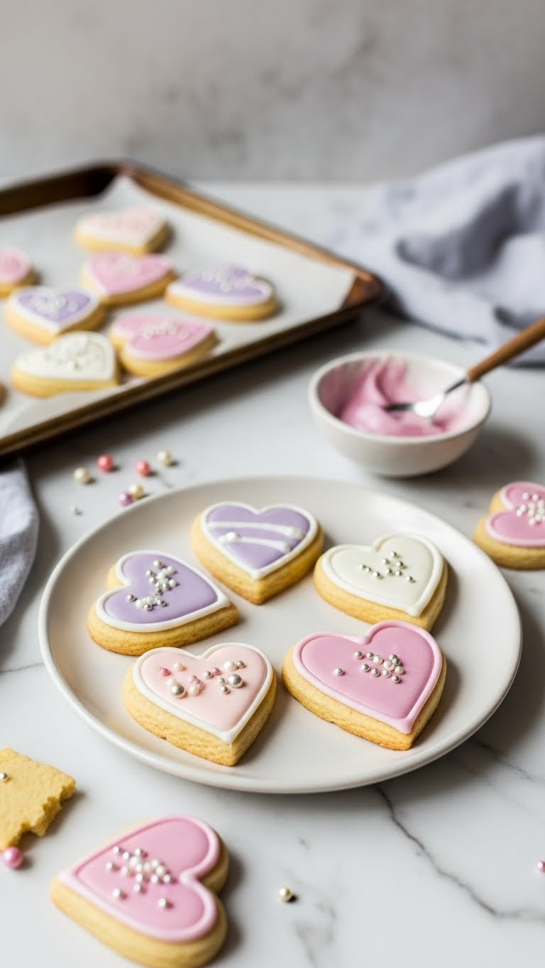 Whimsical Vegan Heart-Shaped Sugar Cookies Decorated With Pastel Royal Icing And Edible Pearls On Marble Countertop