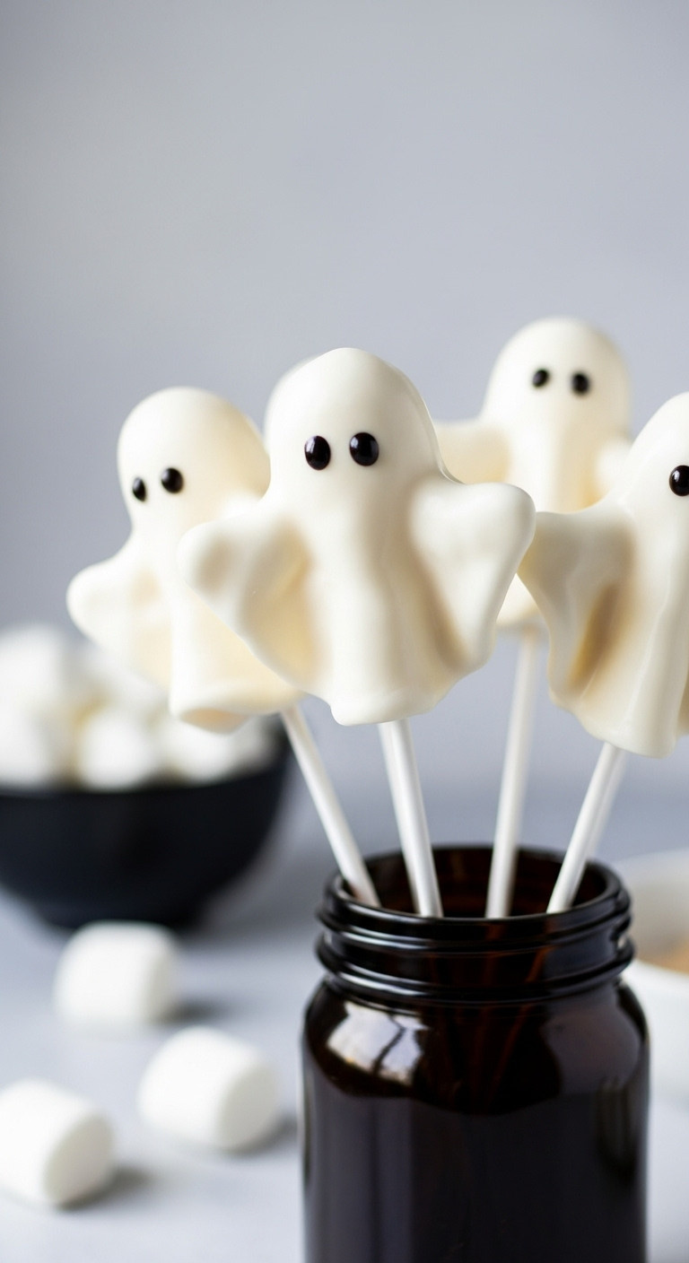 Whimsical White Chocolate Marshmallow Ghosts On Lollipop Sticks, Arranged In A Vase, Perfect For A Spooky Halloween Party.