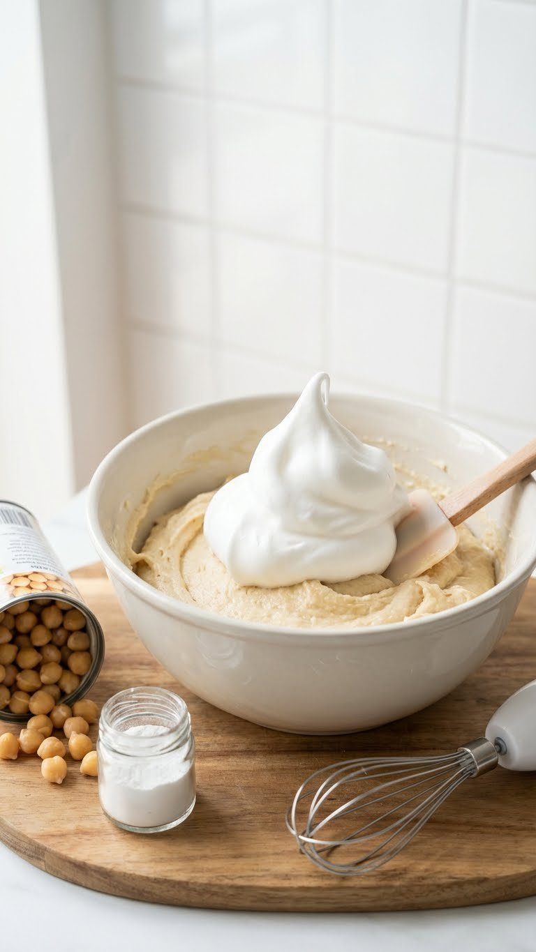 Whipped Aquafaba, A Fluffy White Vegan Egg Substitute, Being Folded Into Light Cookie Dough On A Wooden Board.