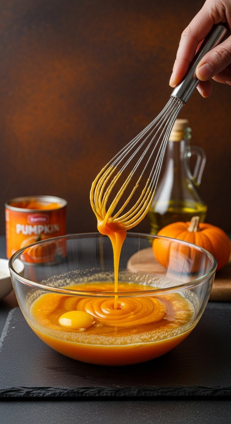 Whisk Mixing Vibrant Orange Pumpkin Puree, Eggs, Sugar, And Oil In A Glass Bowl On A Dark Slate Surface, Recipe Prep.