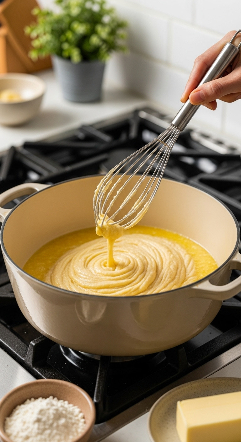 Whisk Stirring A Light-Blonde Roux (Melted Butter, Flour Paste) In A Dutch Oven On A Blurred Stove. Essential Mac And Cheese Step.