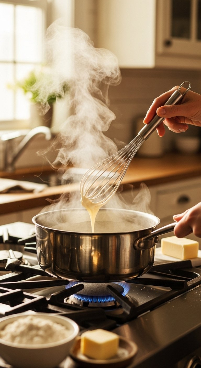 Whisk Stirring A Smooth Creamy White Sauce In A Saucepan On A Gas Stovetop Under Warm Lighting.