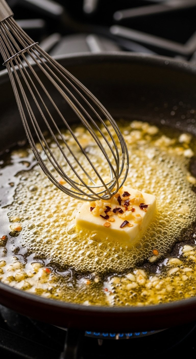 Whisk Stirring Melted Butter, Garlic, And Red Pepper Flakes In A Skillet To Create A Creamy Sauce.