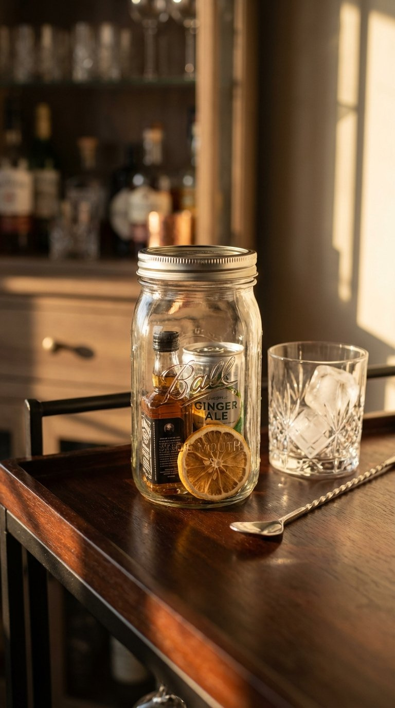 Whiskey Ginger Kit In Mason Jar With Mini Whiskey Bottle, Ginger Ale Can, And Dried Lemon Wedge On Dark Bar Cart