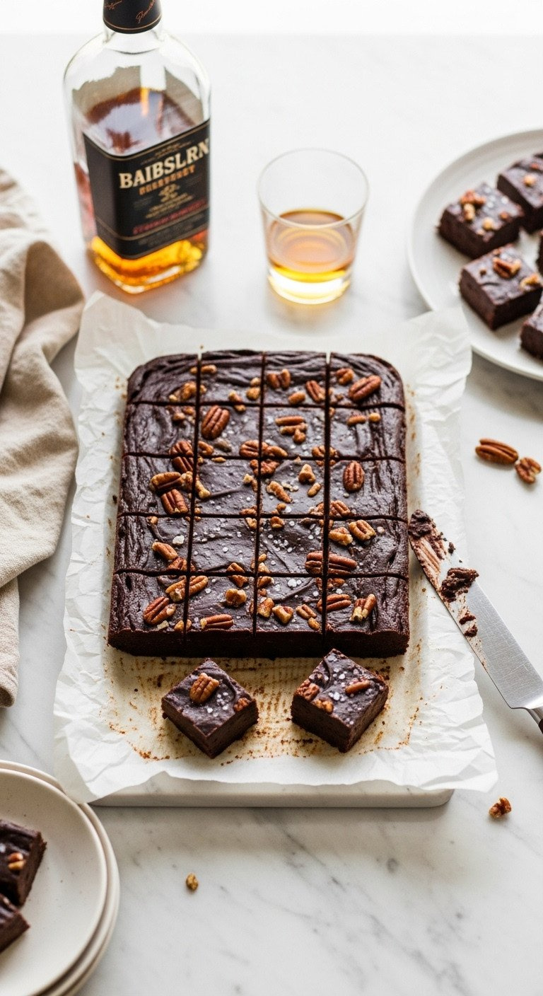 Whiskey-Infused Chocolate Fudge Squares With Glossy Texture, Pecans &Amp; Sea Salt In A Pan On Marble. Gourmet Adult Dessert.